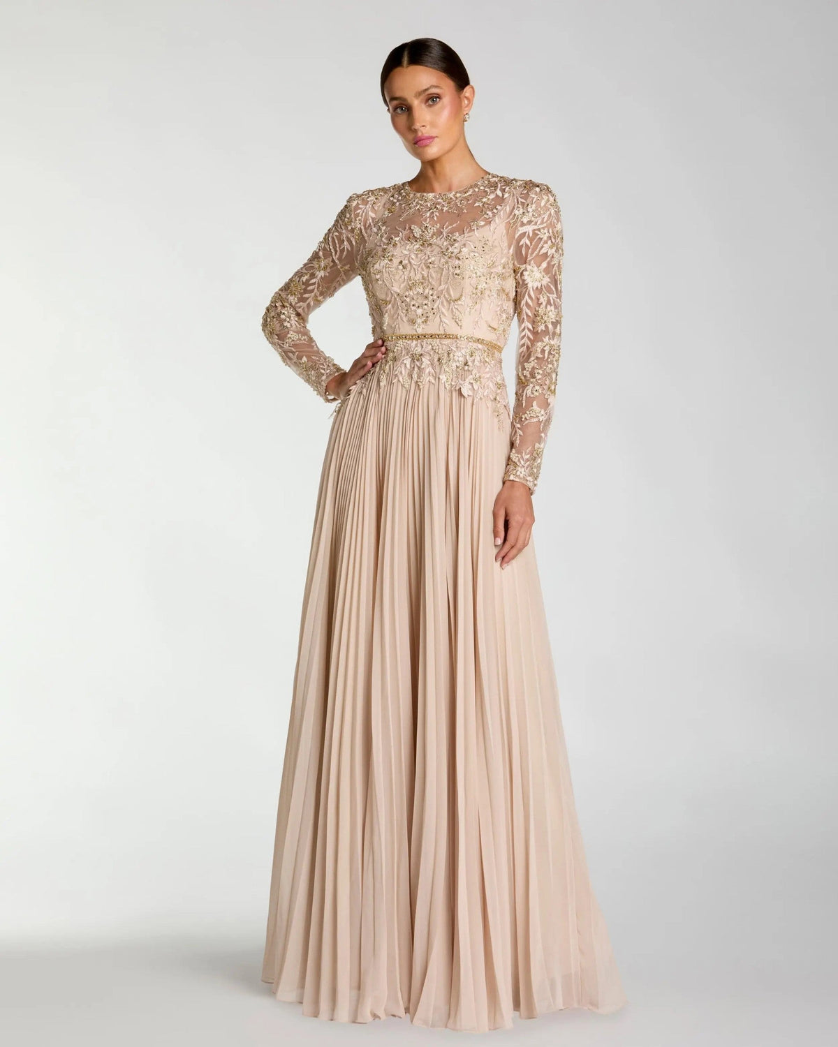 Taupe Long Sleeve Chiffon Embellished Gown