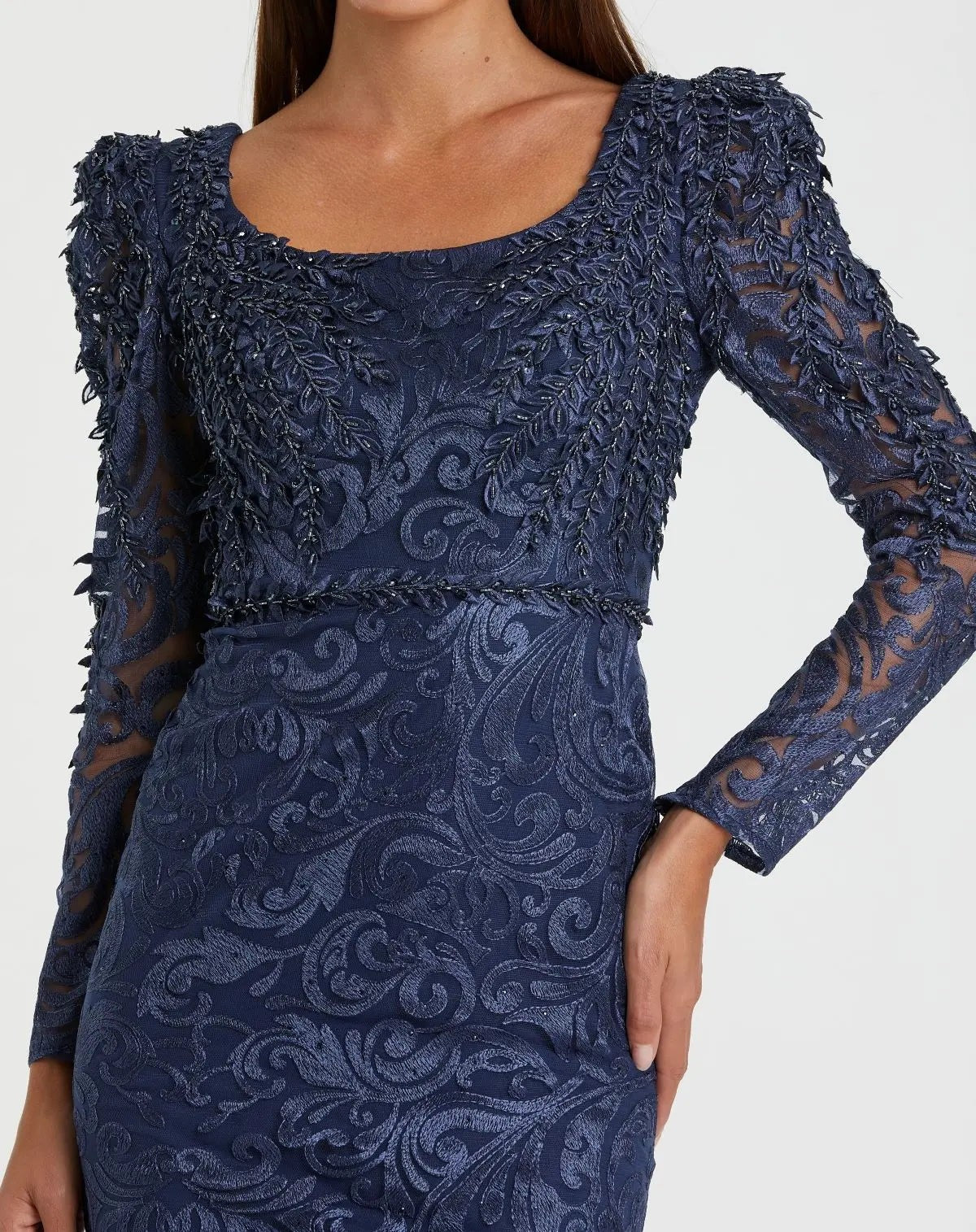 Navy Long Sleeve Embroidered Applique Trumpet Gown - FINAL SALE