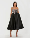 Black Satin One-Shoulder Midi Dress with Beaded Flowers