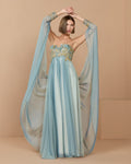 Seafoam Strapless Embellished Chiffon Cape Gown