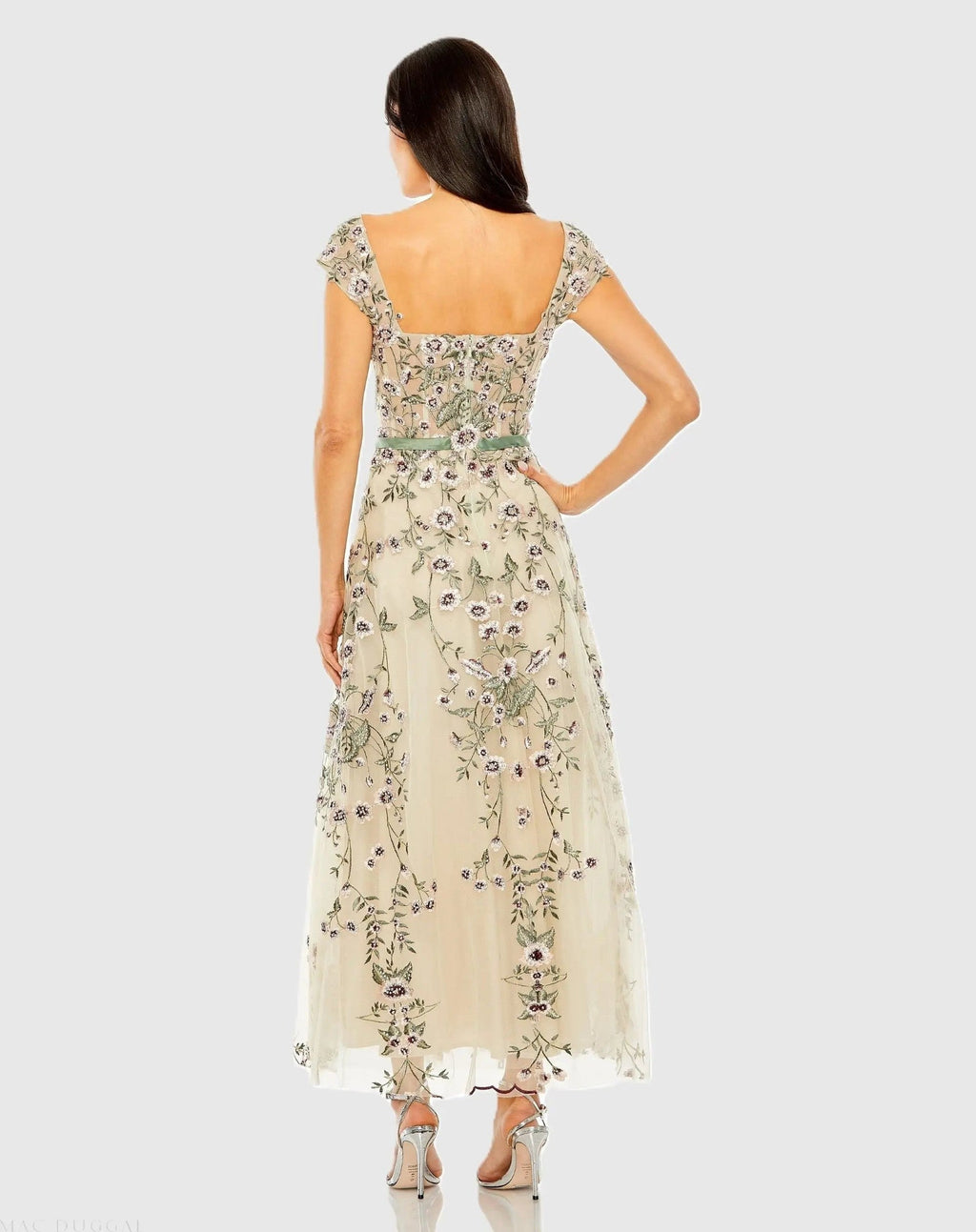 Ivory Floral Embroidered Sweetheart Neckline Midi Dress