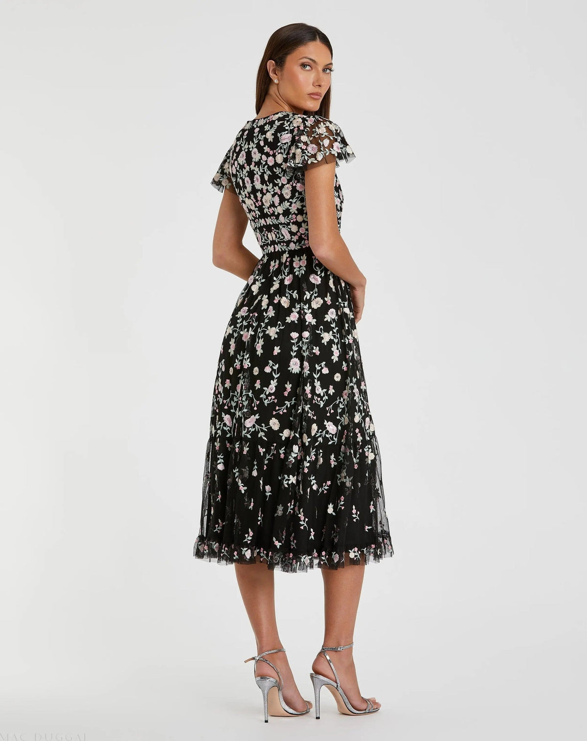 Black Multicolor Embroidered V Neck Cap Sleeve Midi Dress