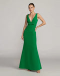 Spring Green Crepe V-Neck Mermaid Gown With Bow