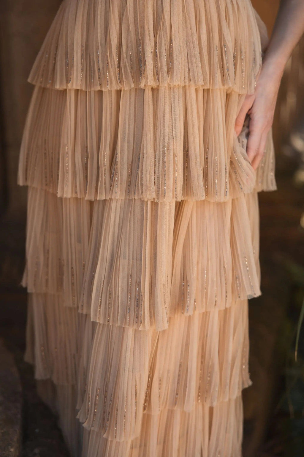 Beige Beaded V-Neck Gown With Tiered Ruffles