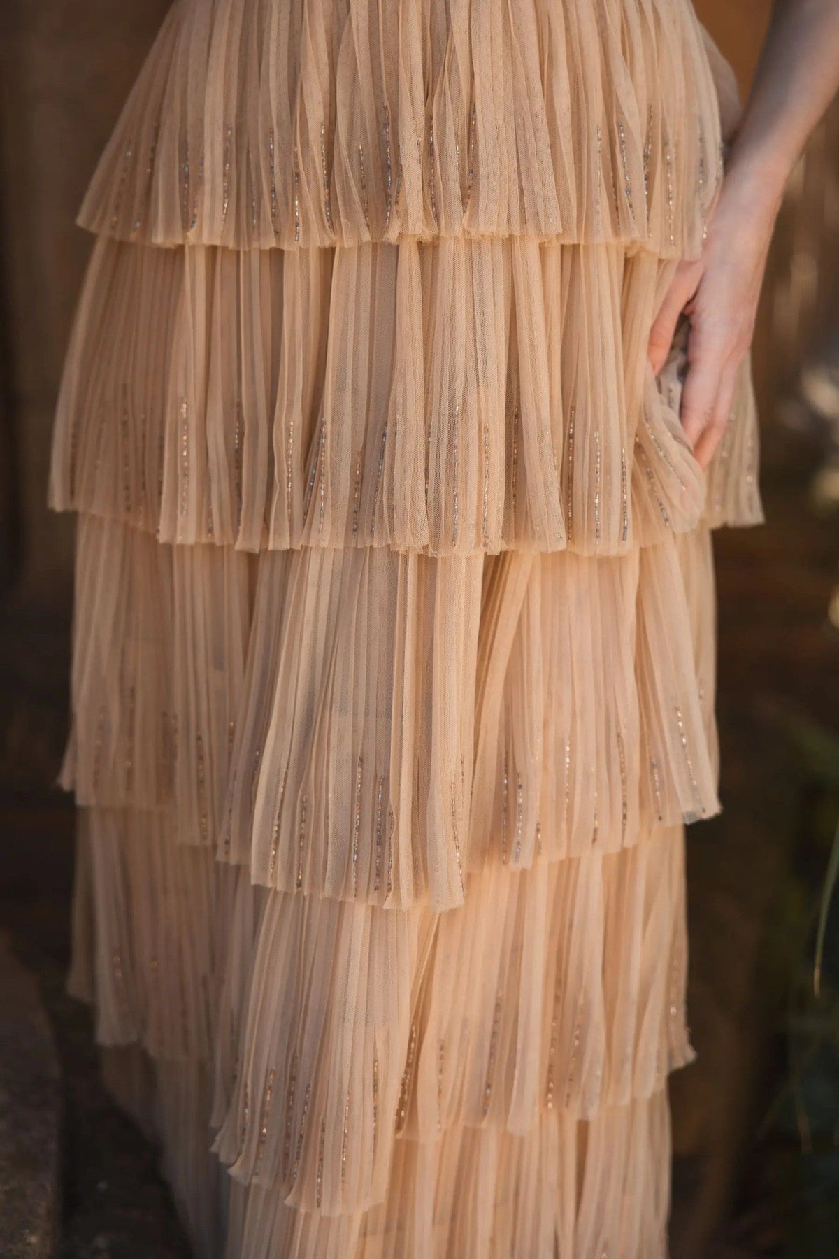 Beige Beaded V-Neck Gown With Tiered Ruffles