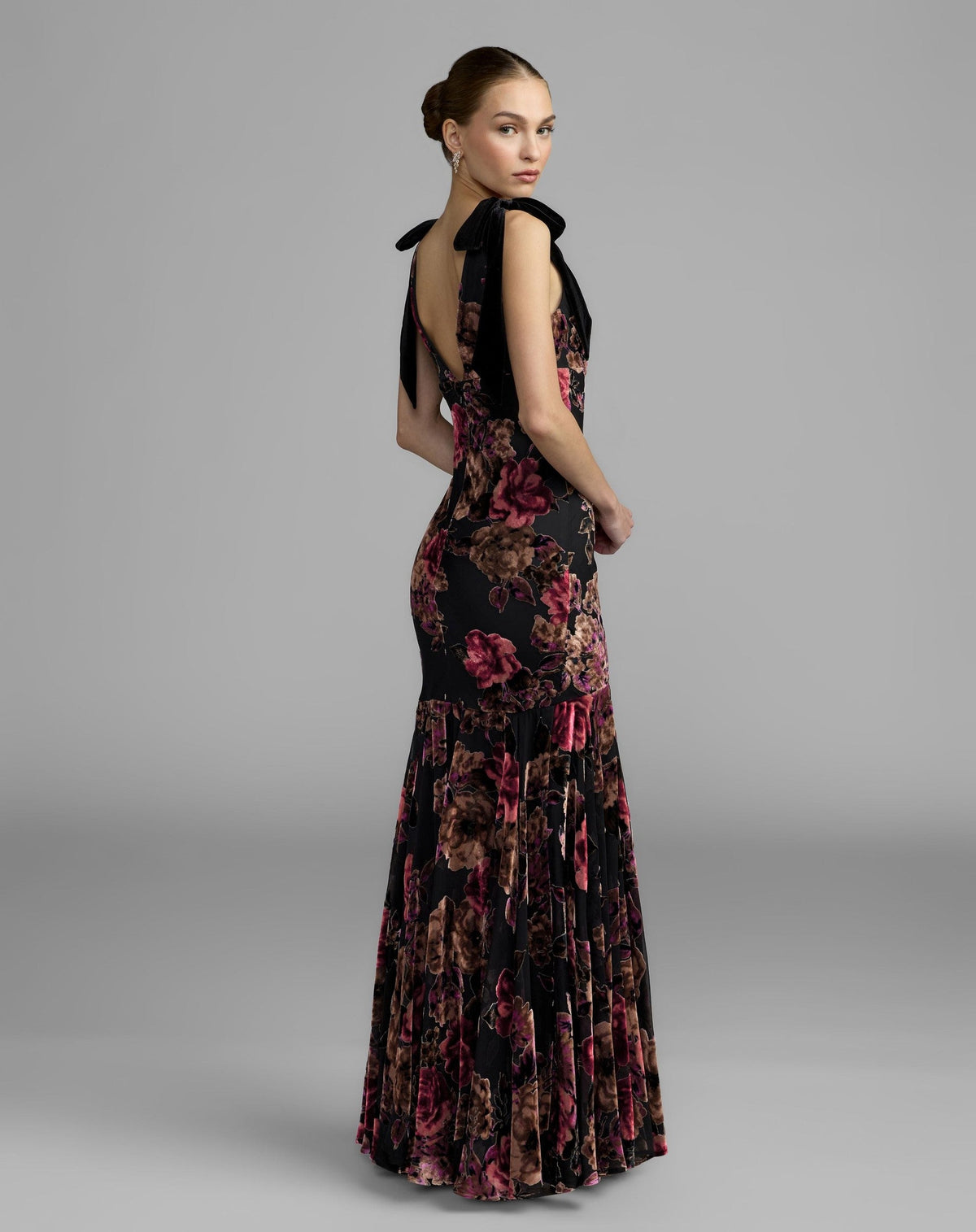 Black Floral Velvet Mermaid Gown With Bows