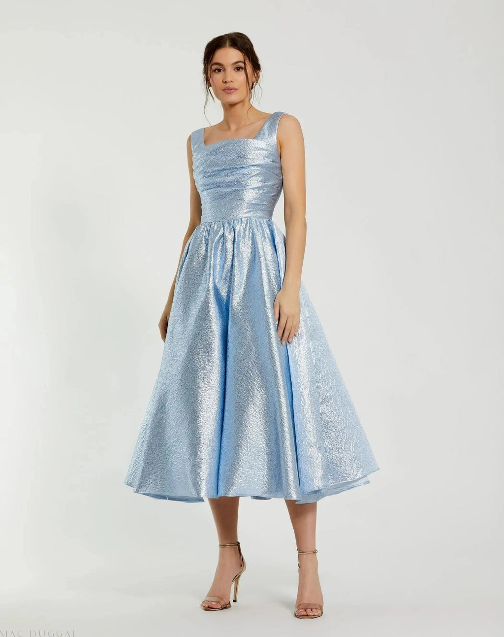 Ice Blue Square Neck Sleeveless Metallic Midi Dress