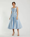 Ice Blue Square Neck Sleeveless Metallic Midi Dress