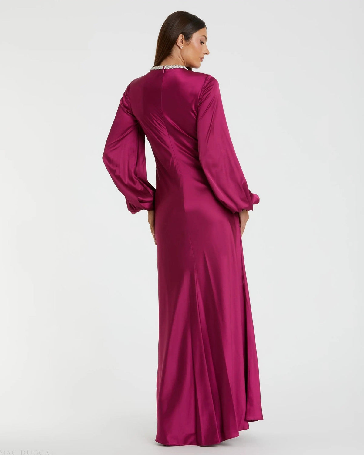 Purple Beaded High Neck Bishop Sleeve Satin Gown