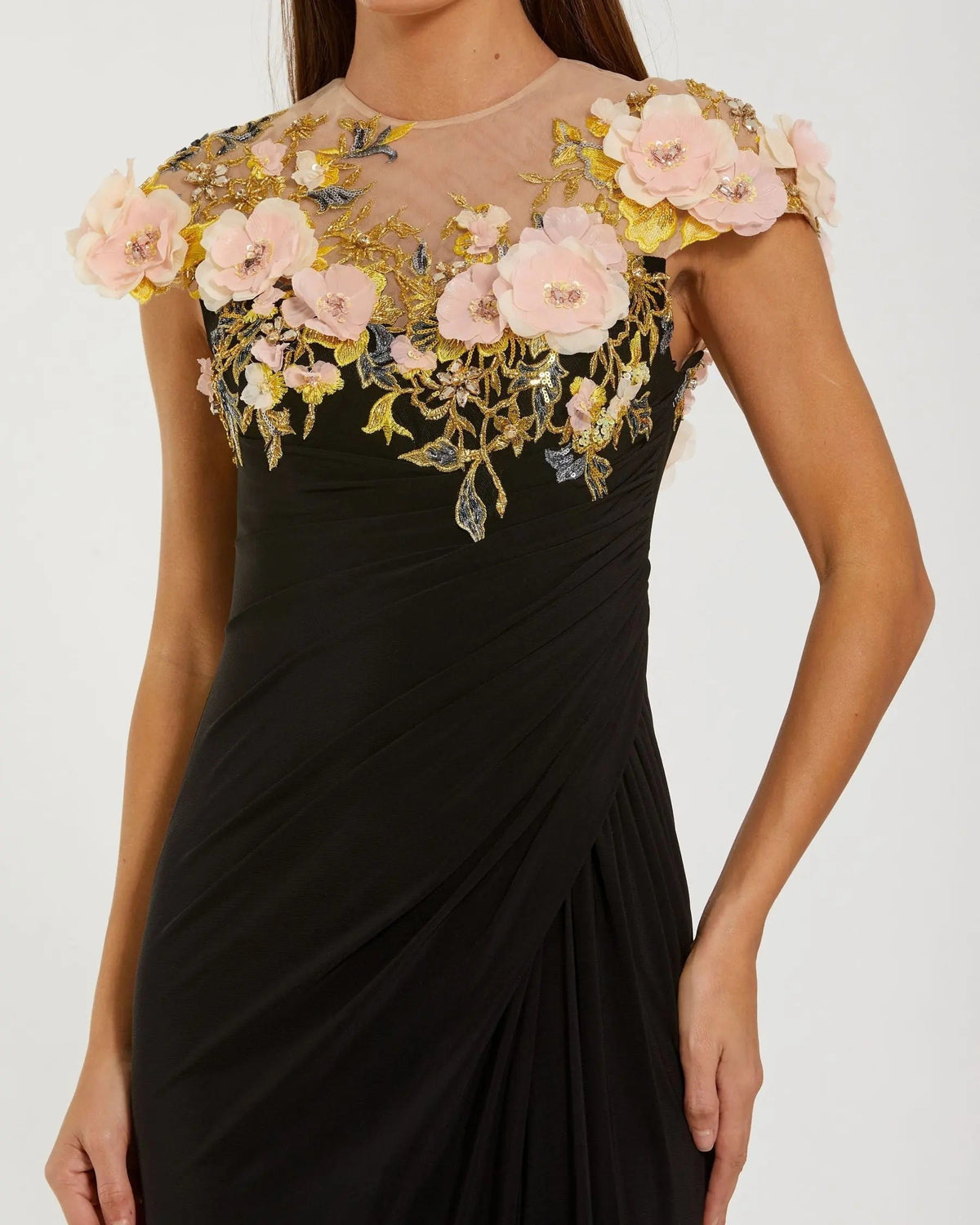 Black Multi 3D Floral Hand Embellished Jersey Gown