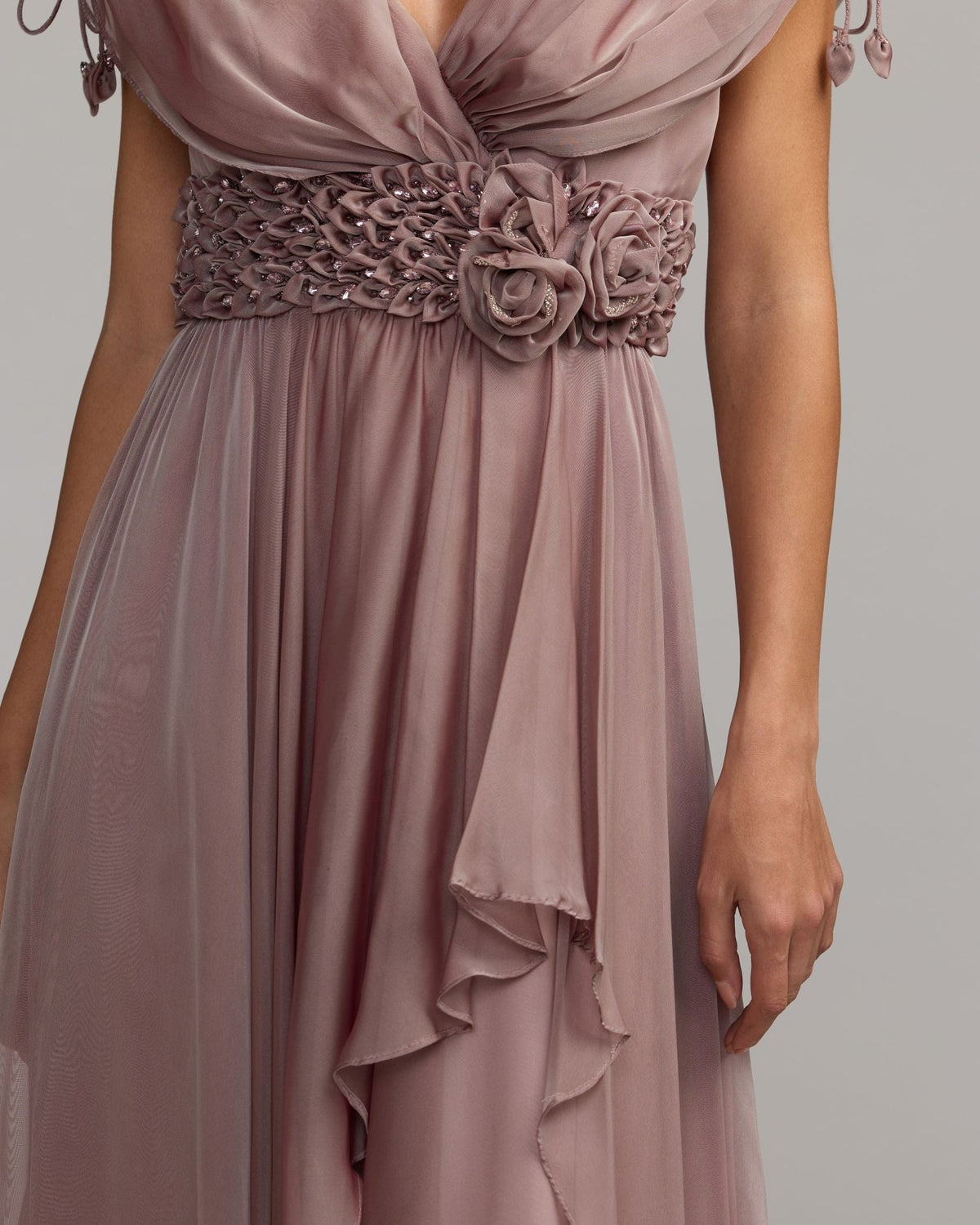 Mocha Crystal Floral Waist Chiffon Gown