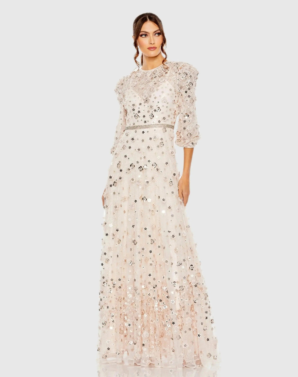 Pink Floral Applique Puff Sleeve High Neck A-Line Gown