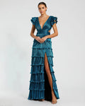 Blue Ruffle Tiered Criss Cross Lace Up Gown