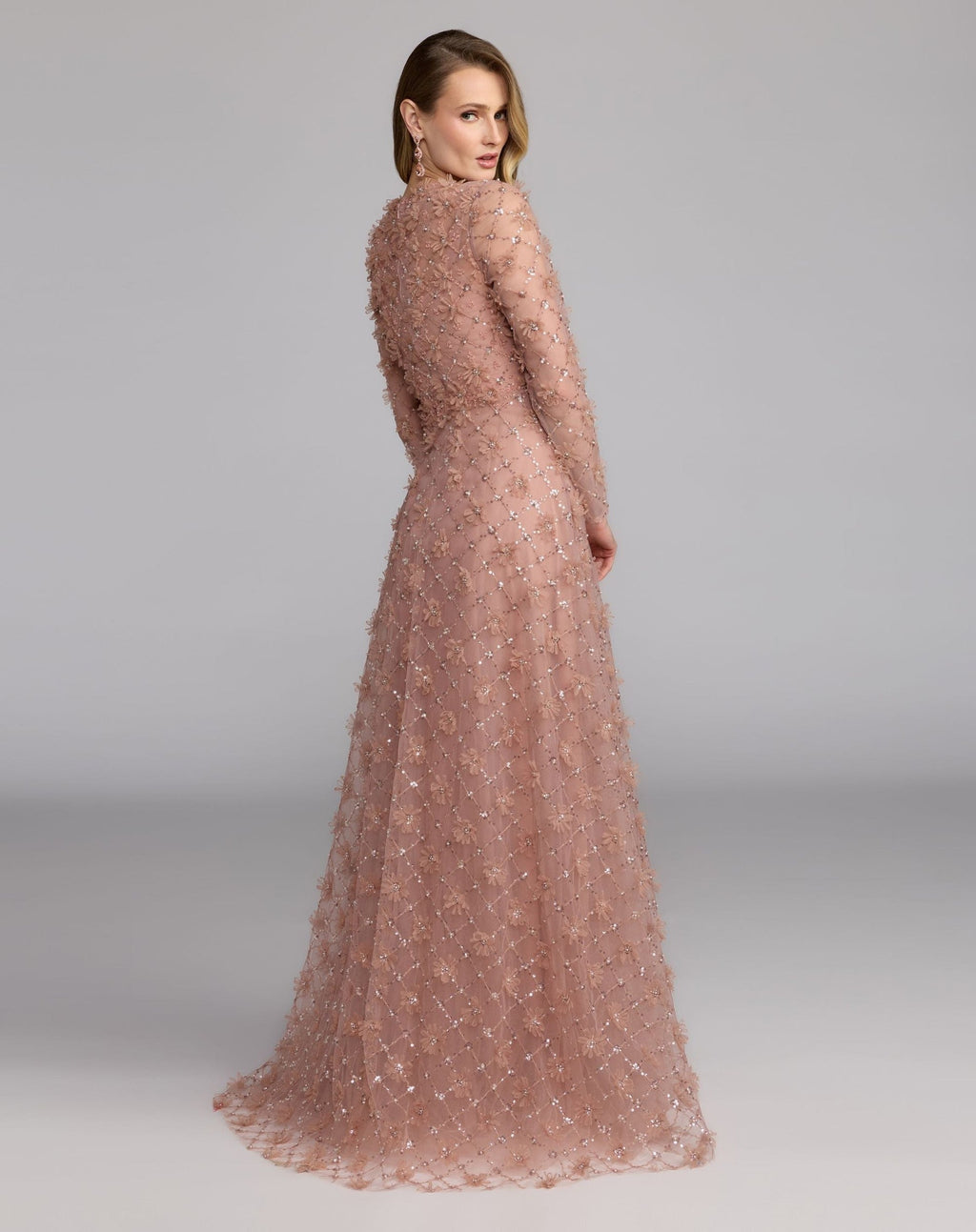 Mocha High Neck Long Sleeve Embellished A-Line Gown