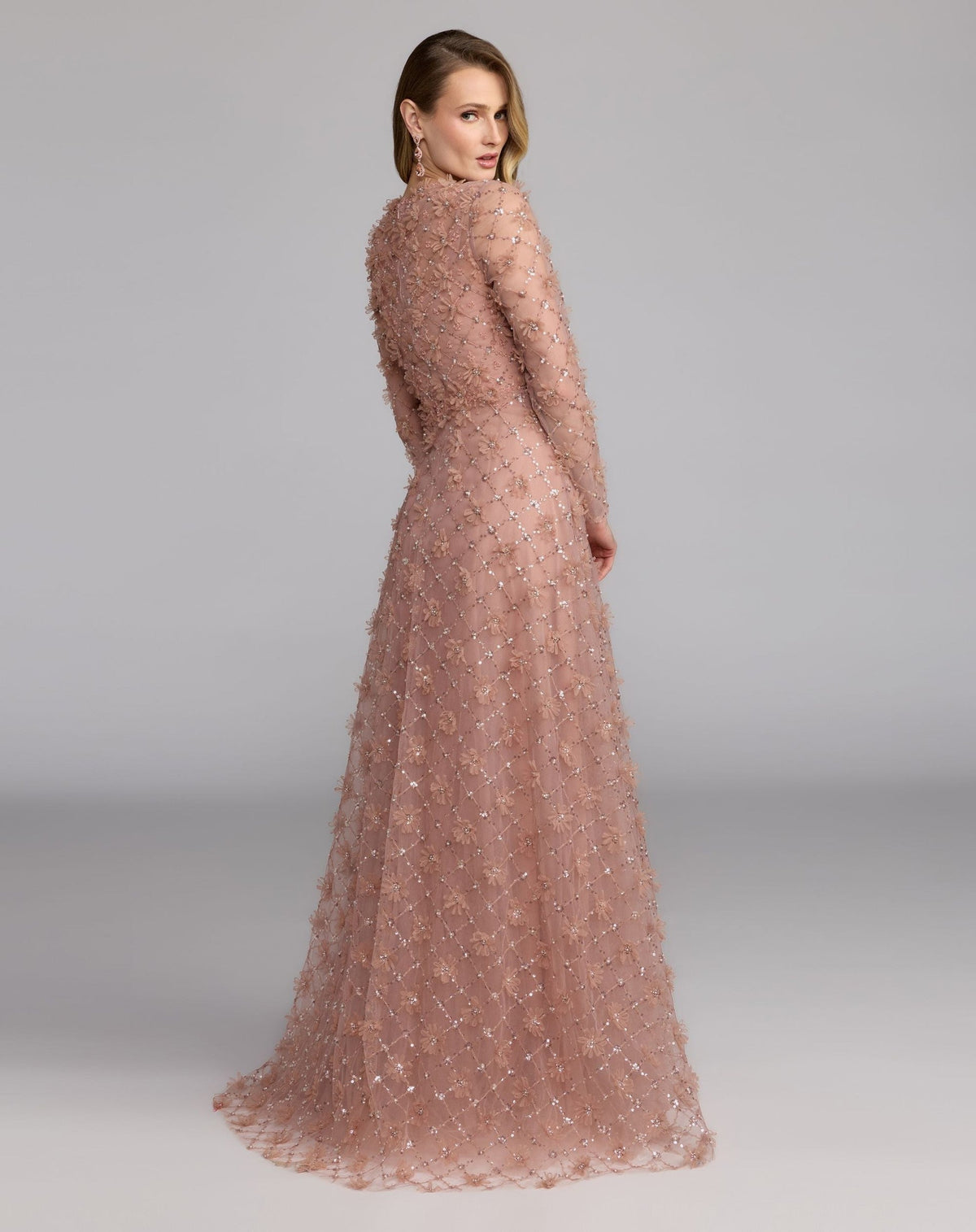Mocha High Neck Long Sleeve Embellished A-Line Gown