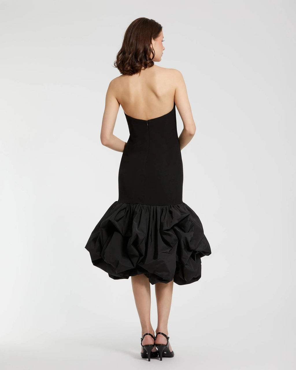 Black Strapless Crepe Midi Dress With Bubble Hem