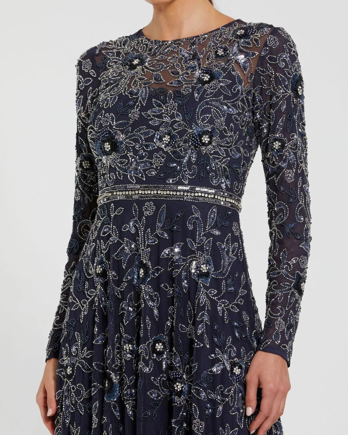 Navy Long Sleeve Floral Embellished A-line Gown