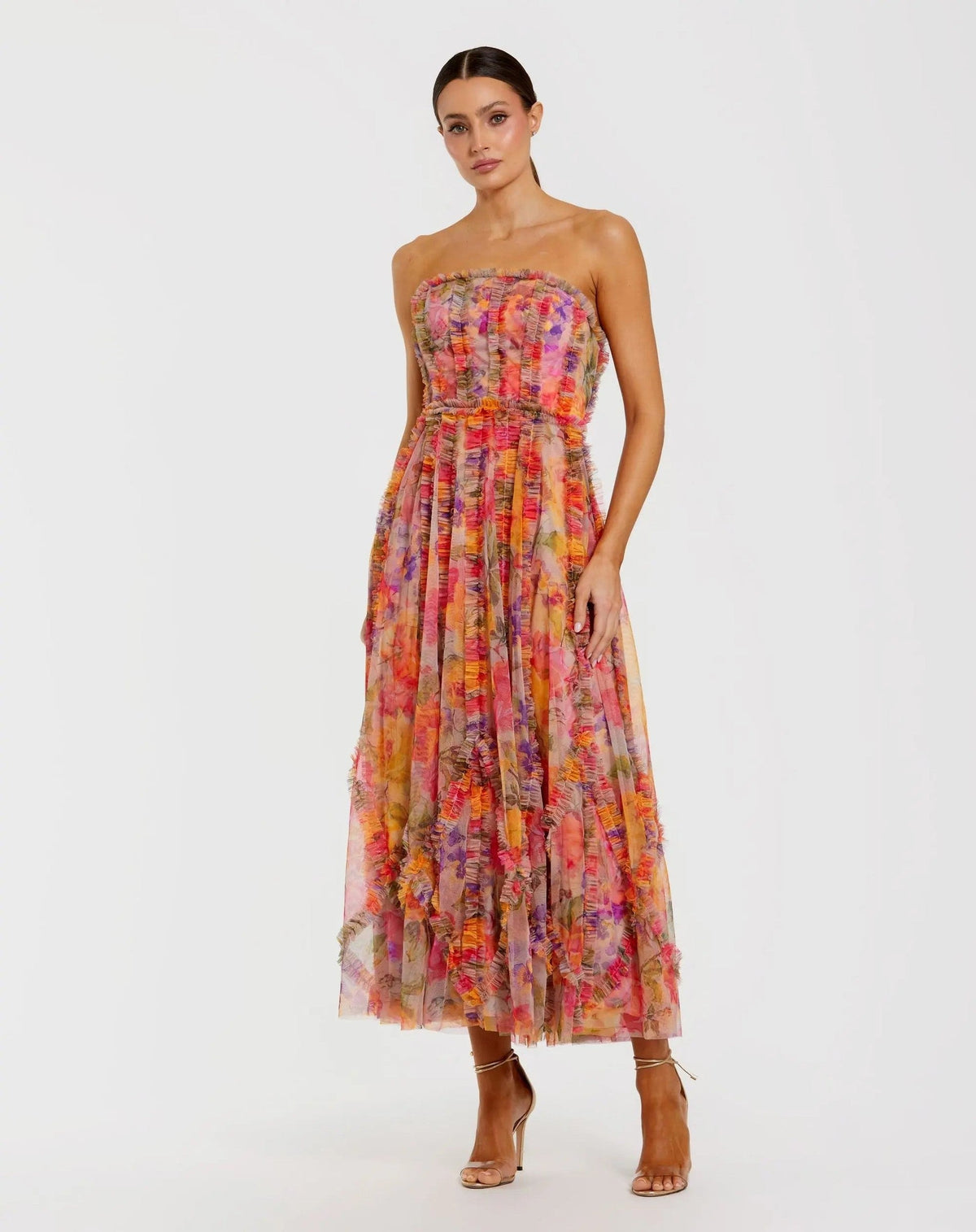 Multi Strapless Floral Print Ruffle Maxi Dress