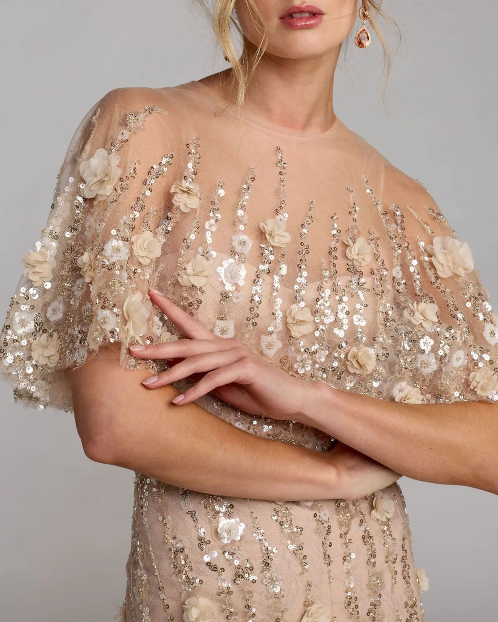 Almond Embellished Cape Sleeve Evening Gown