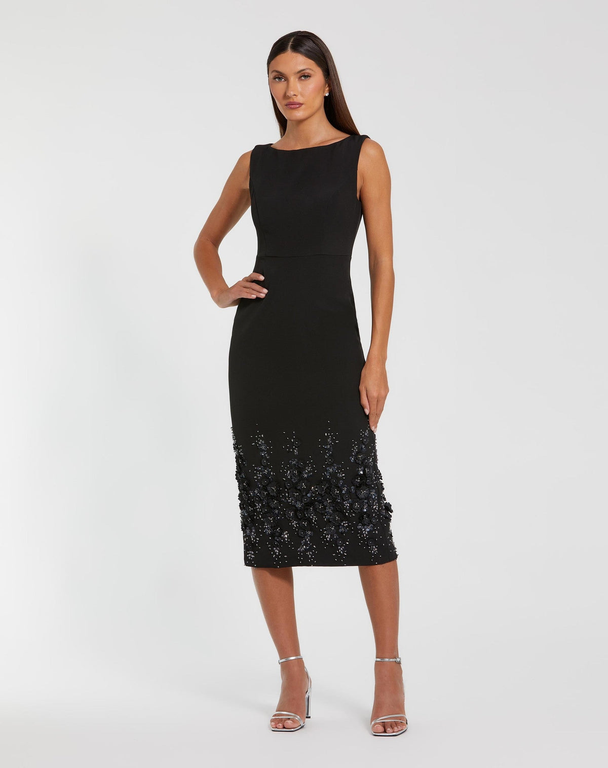 Black Crepe Sleeveless Midi Dress With Flower Beading