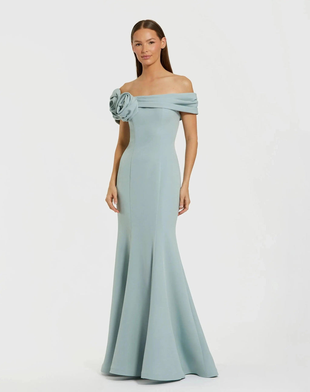 Sage Off The Shoulder Crepe Mermaid Gown