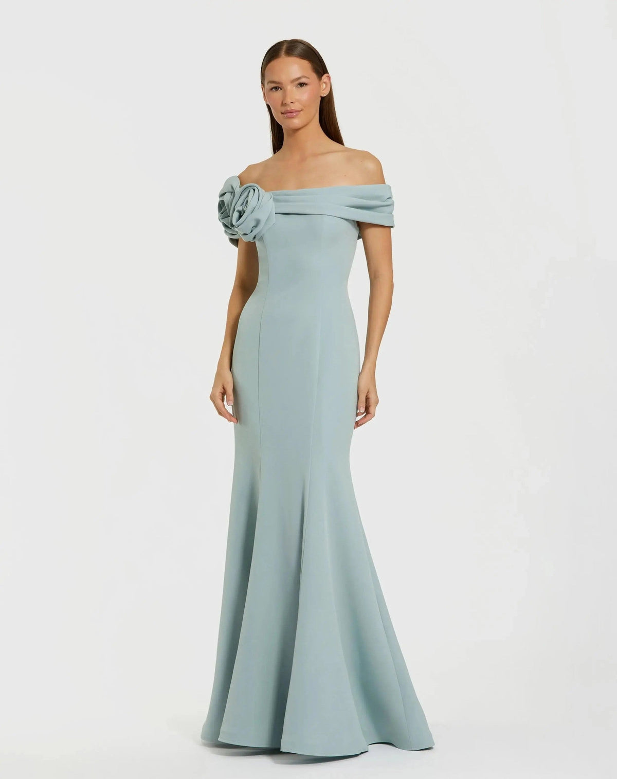 Sage Off The Shoulder Crepe Mermaid Gown