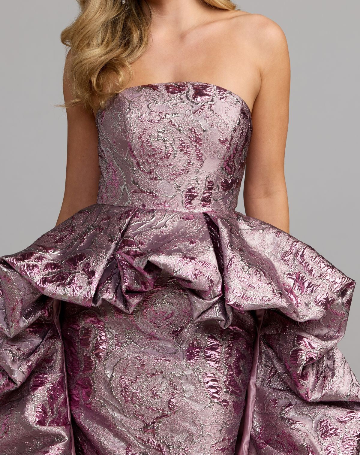 Pink Metallic Strapless Gown With Bubble Overskirt