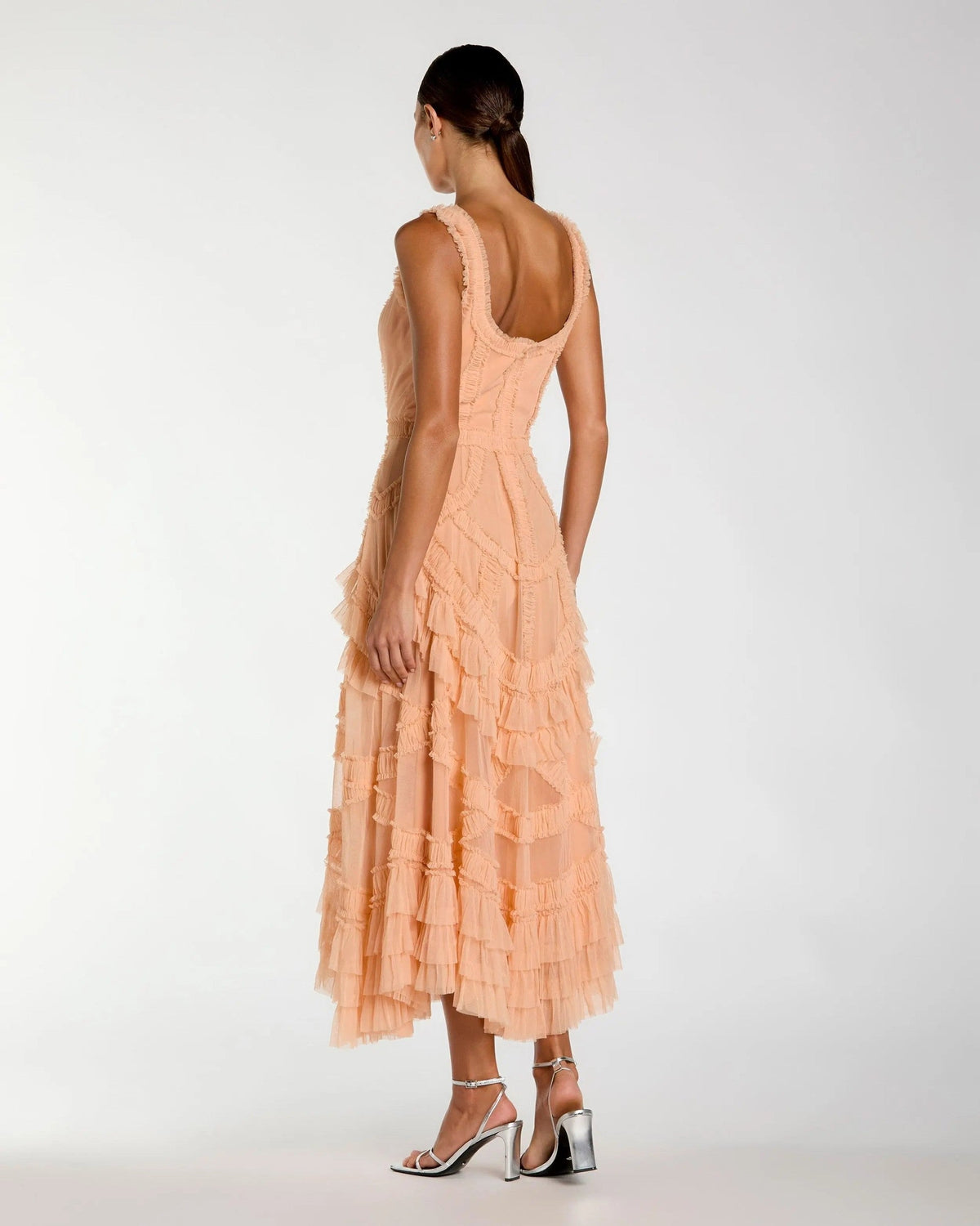 Peach Scoop Neck Sleeveless Micro Ruffle Midi Dress