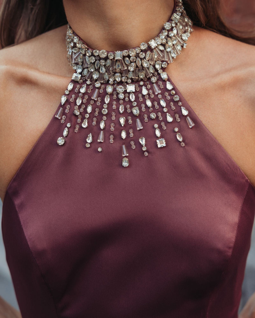 Deep Plum Satin Embellished Halter Mermaid Gown
