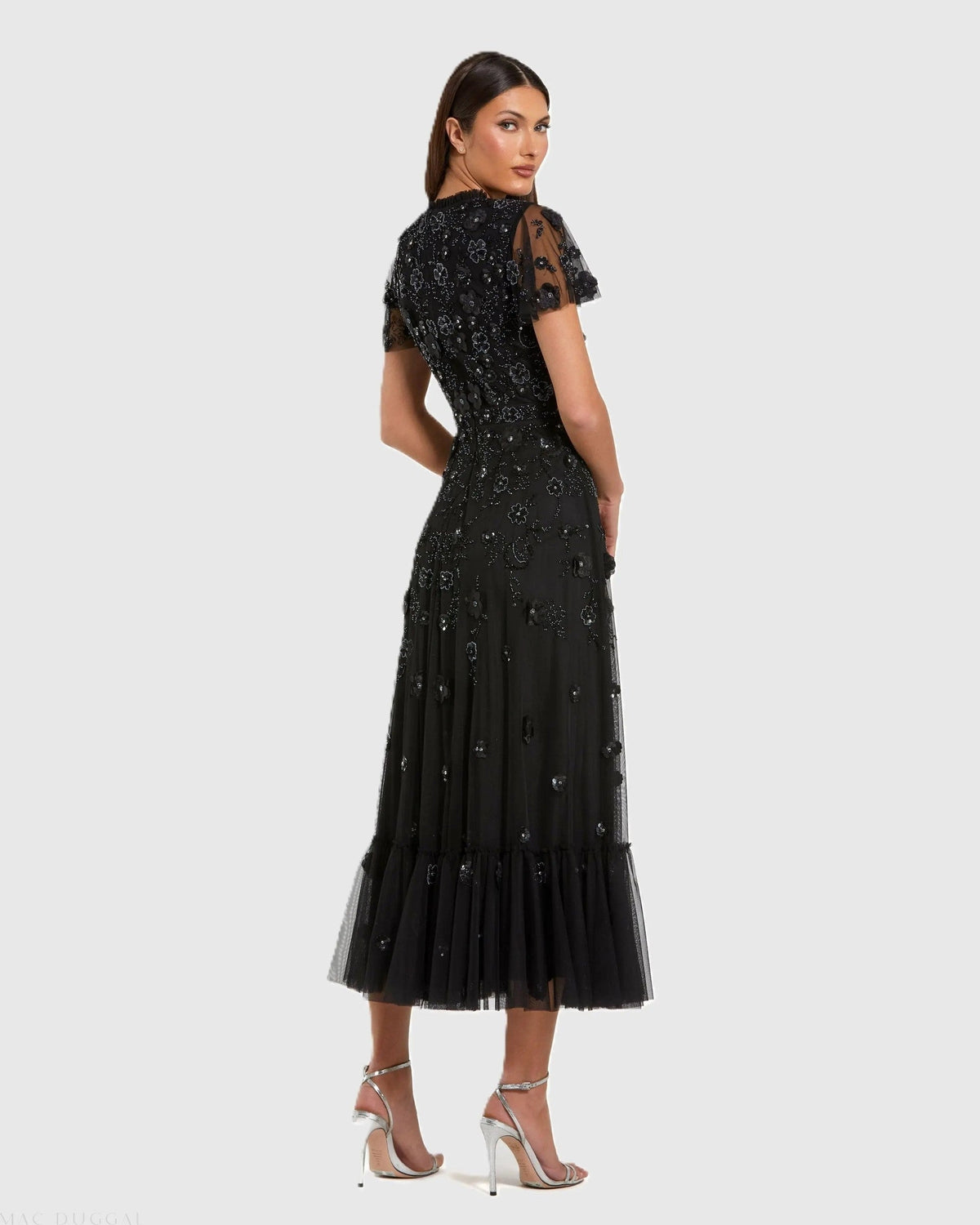Black Embellished High Neck Flutter Sleeve A Line Dress