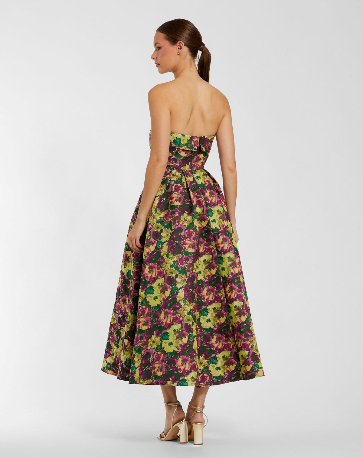 Plum Multi Strapless Brocade A-Line Midi Dress