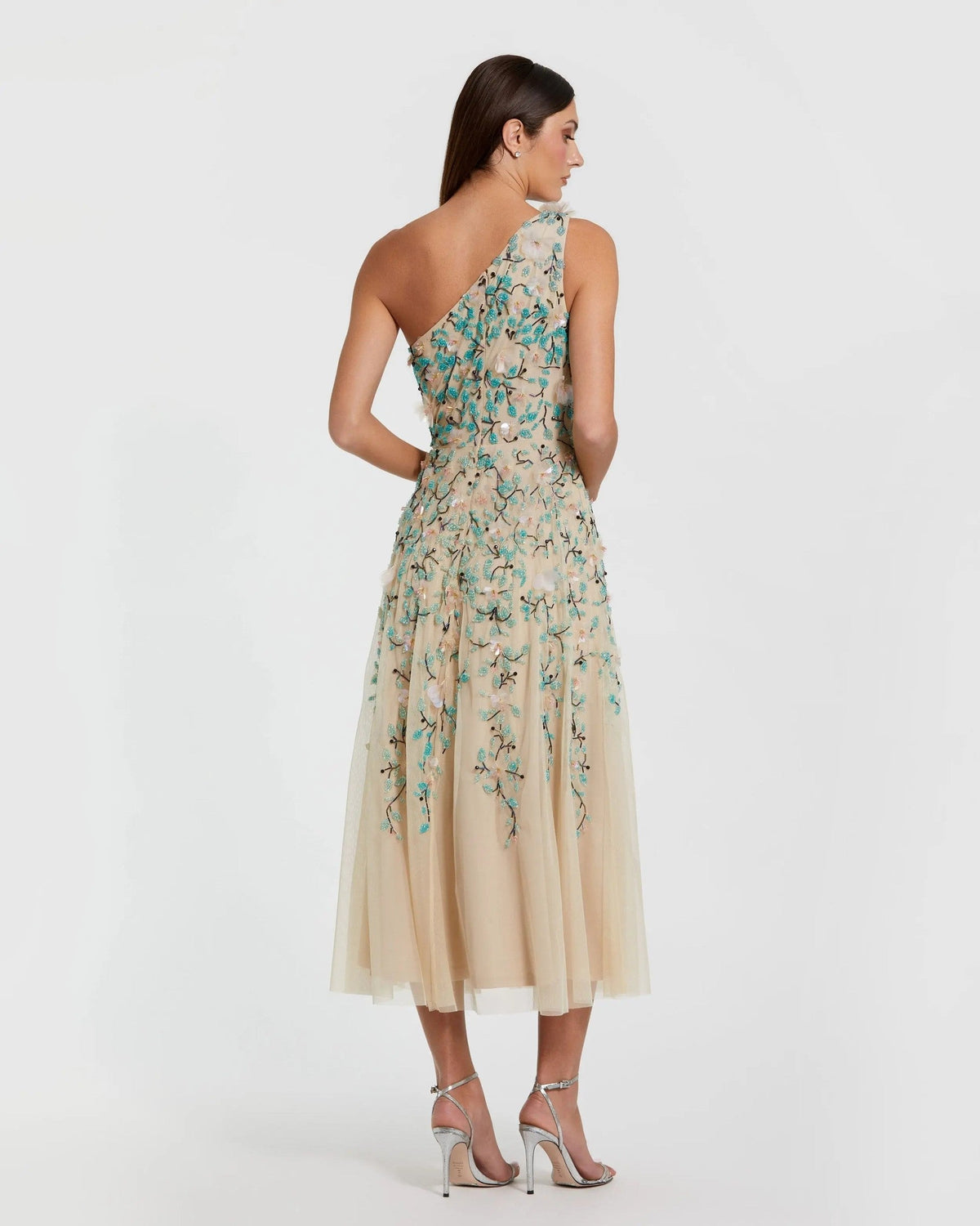 Nude Multi Floral Embellished One Shoulder Midi Dress