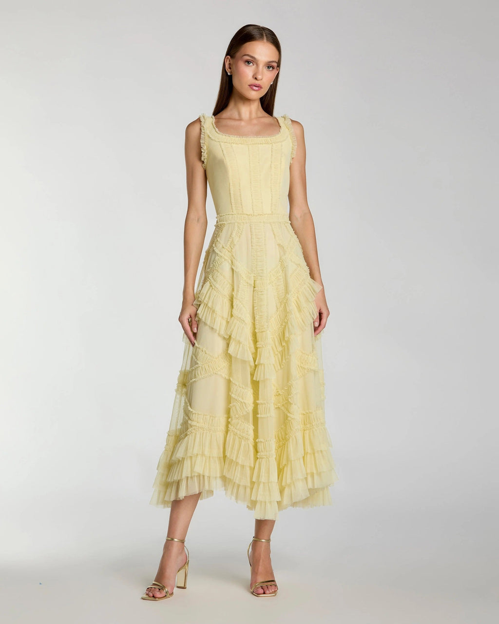 Buttercup Scoop Neck Sleeveless Micro Ruffle Midi Dress