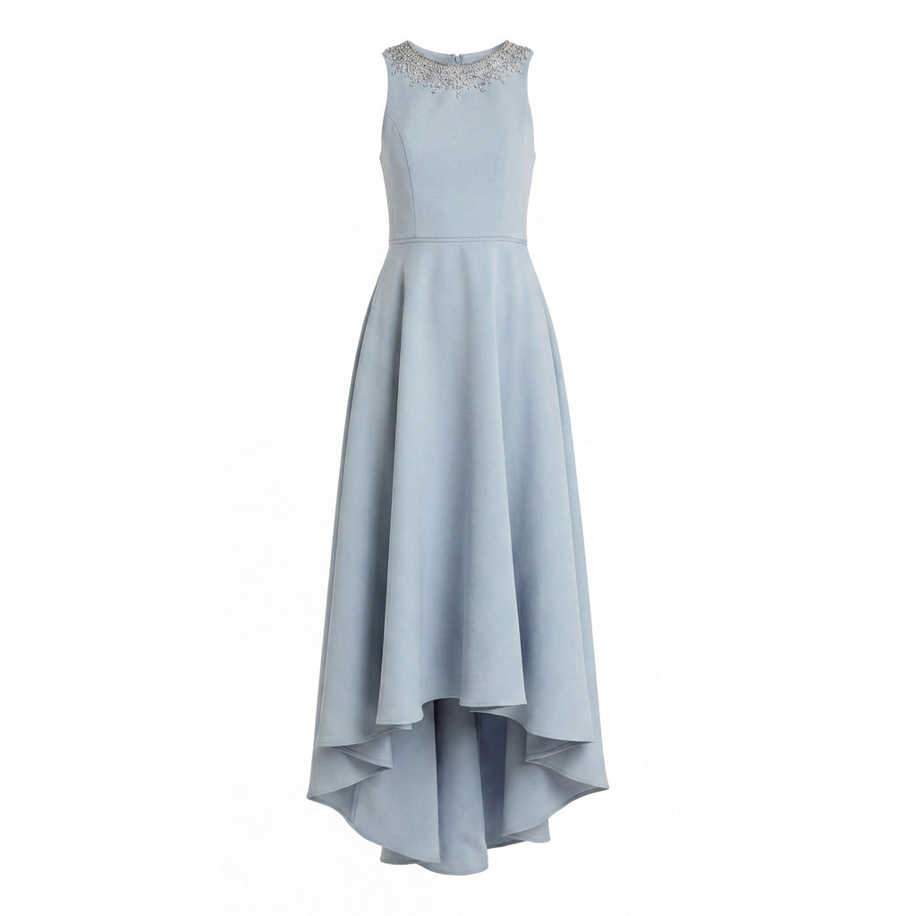 Powder Blue Crepe Embellished Neck High Low Gown