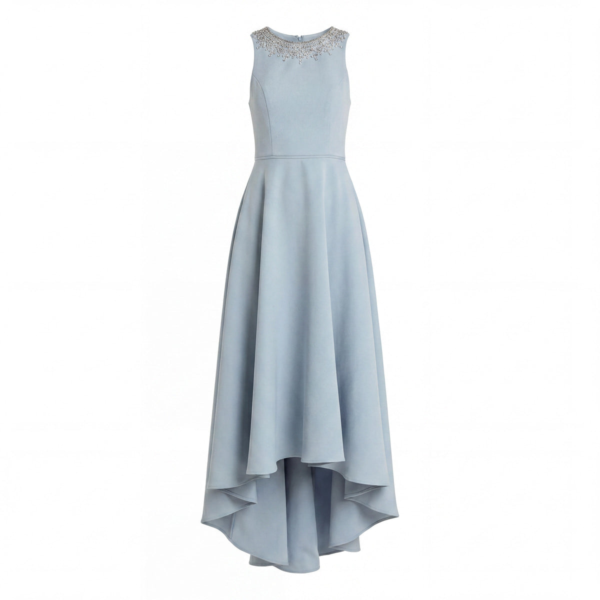 Powder Blue Crepe Embellished Neck High Low Gown