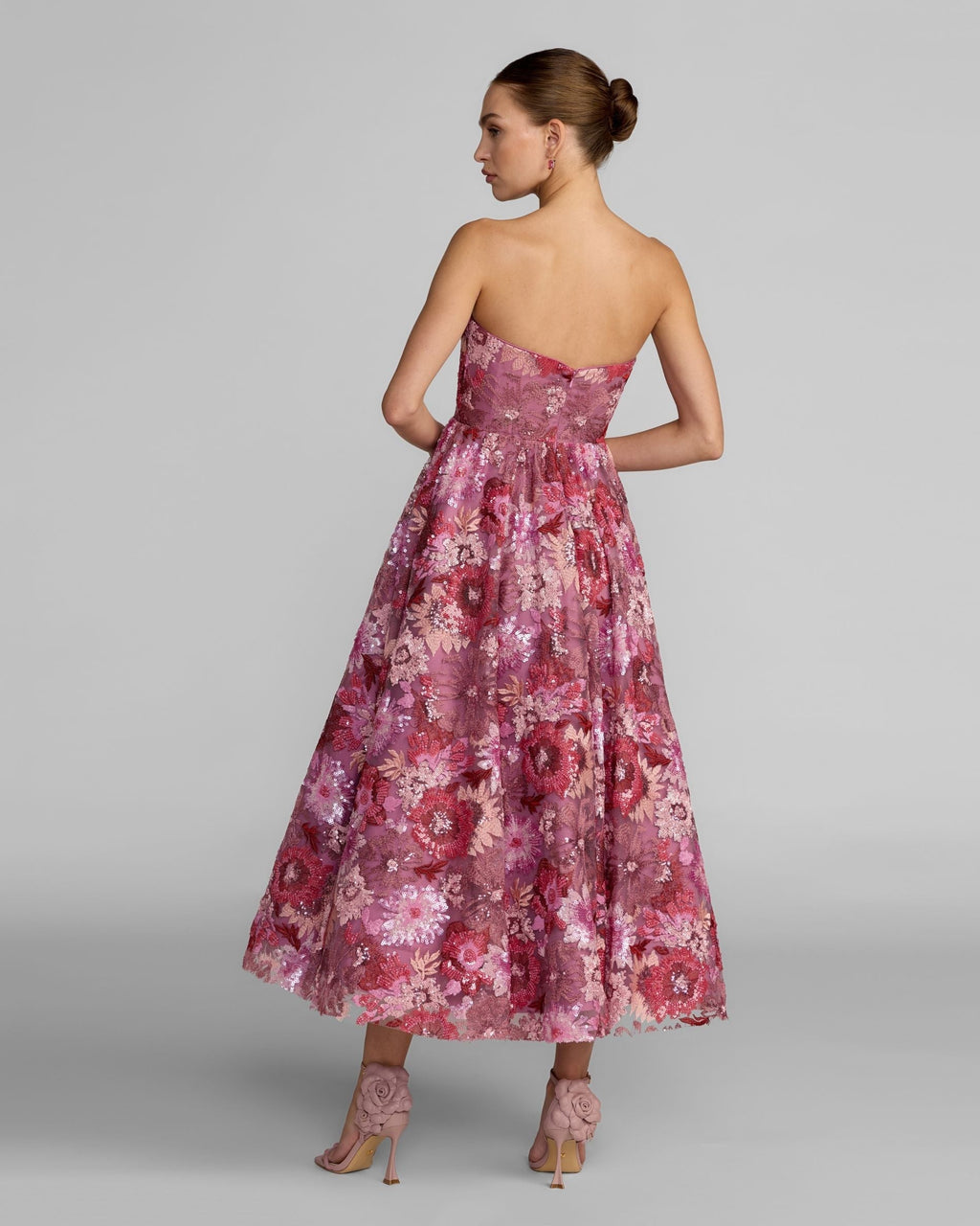 Pink Multi Floral Sequin Strapless Midi Dress