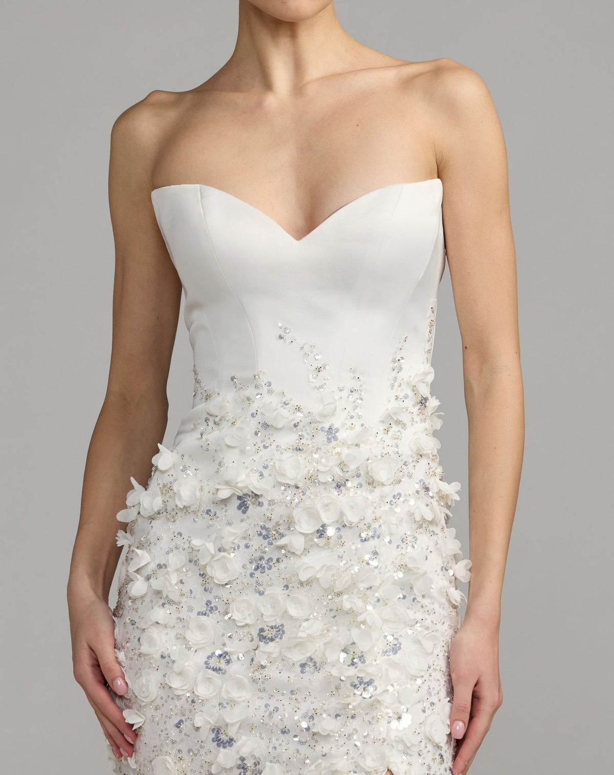 Ivory Strapless 3D Floral Embellished Crepe Gown With Slit