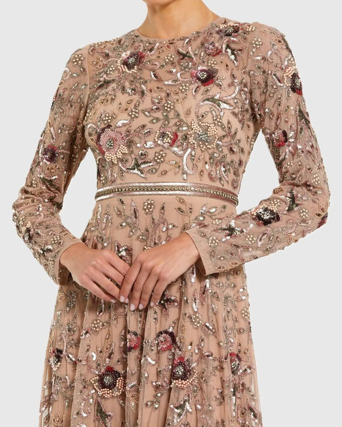 Beige Long Sleeve Floral Embellished A-line Gown