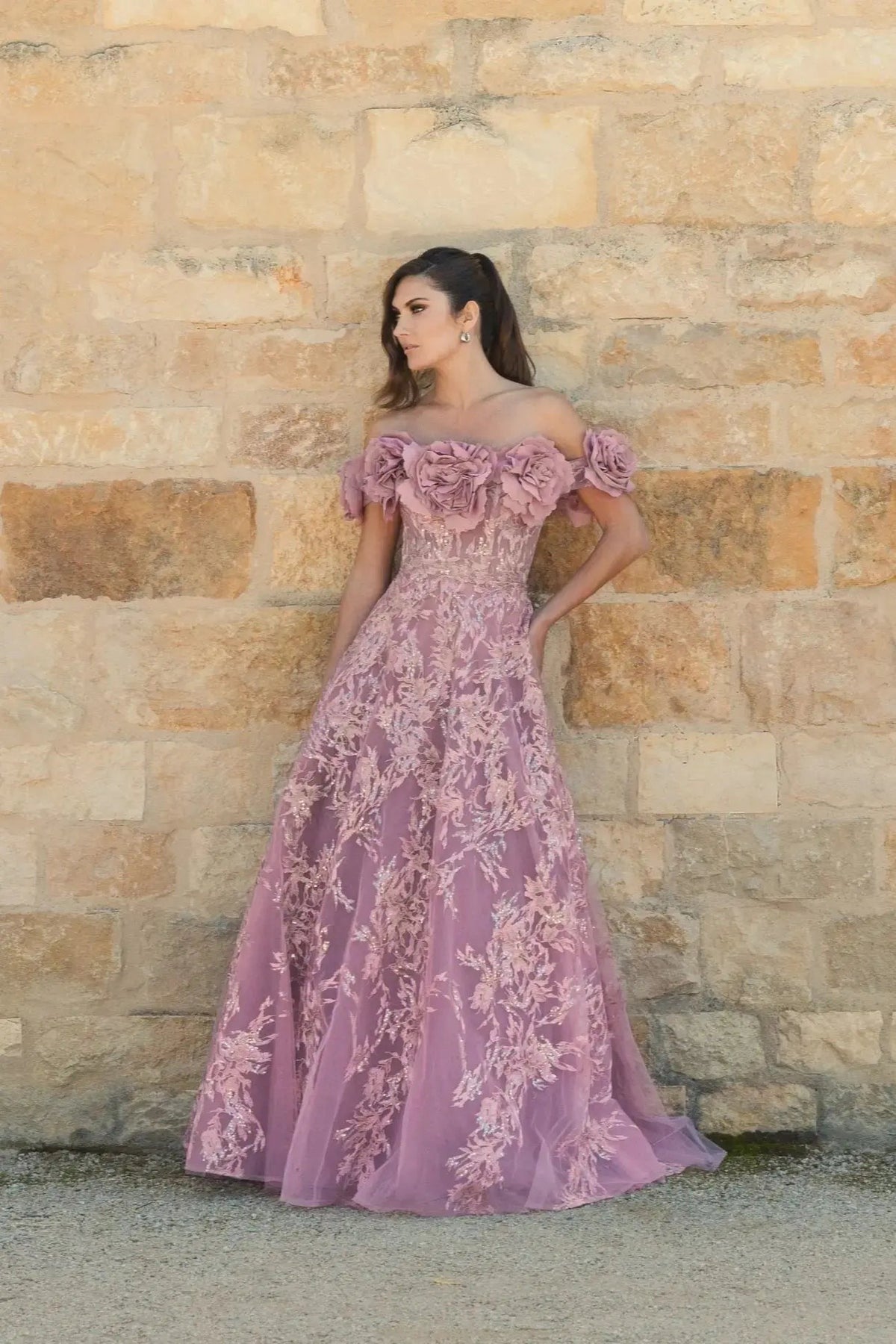 Mauve Off The Shoulder 3D Floral Embroidered A-Line Gown