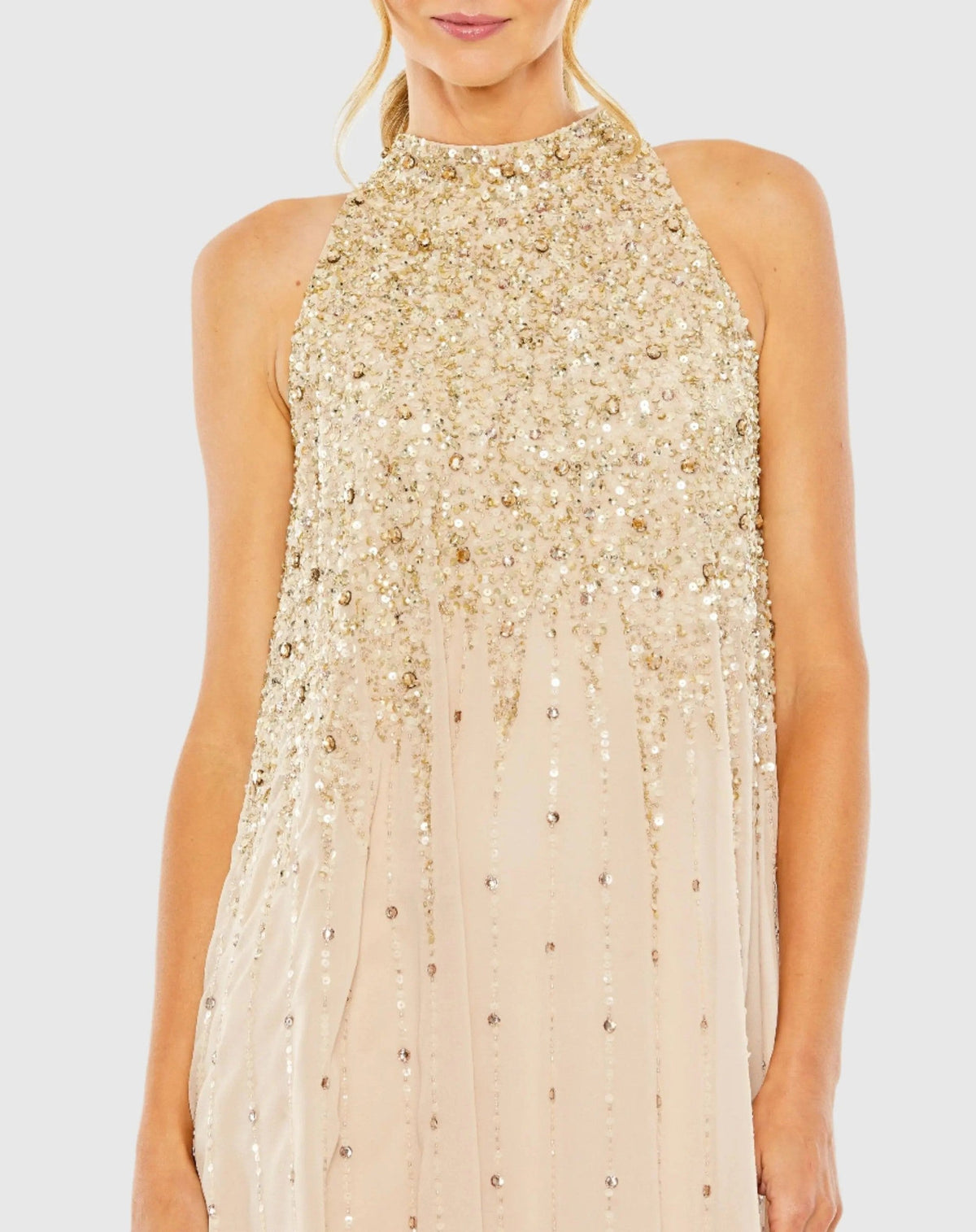 Beige High Neck Sleeveless Sequin Embellished Trapeze Dress
