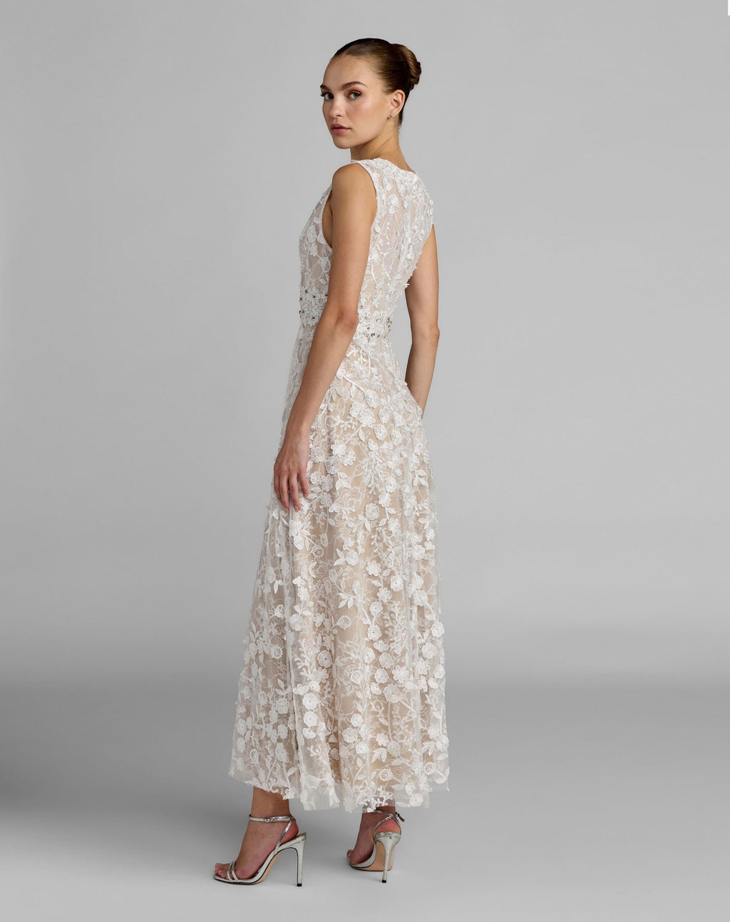 Petite Ivory Nude Floral Embroidered High Neck Midi Dress