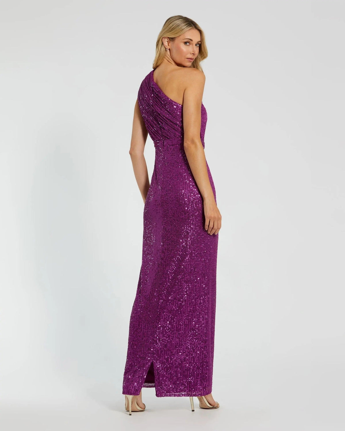 Dark Purple Sequined Ruched One Shoulder Gown