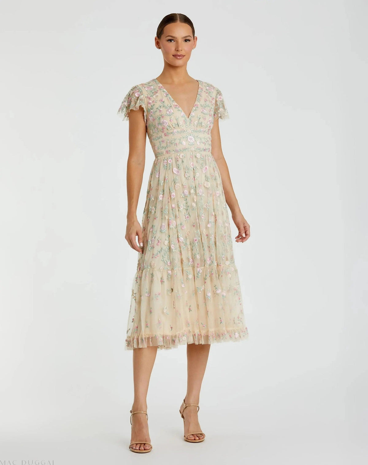 Embroidered V Neck Cap Sleeve Midi Dress