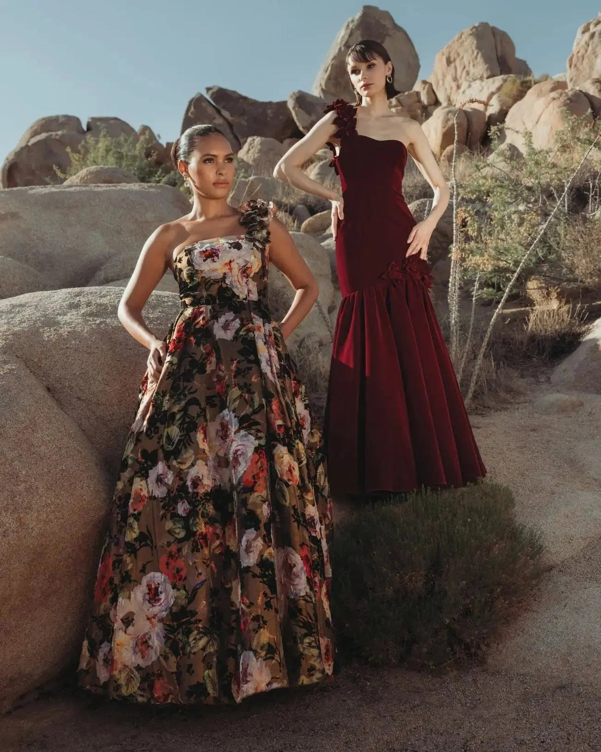 Black Multi Floral Velvet Ball Gown With Pockets