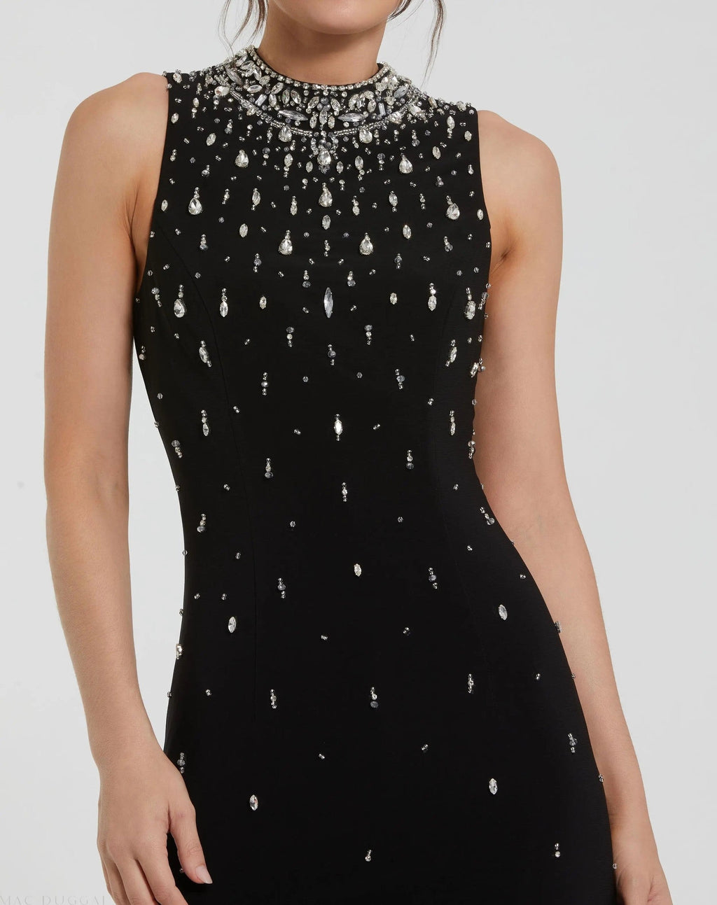 Black Rhinestone Embellished Sleeveless Jersey Gown