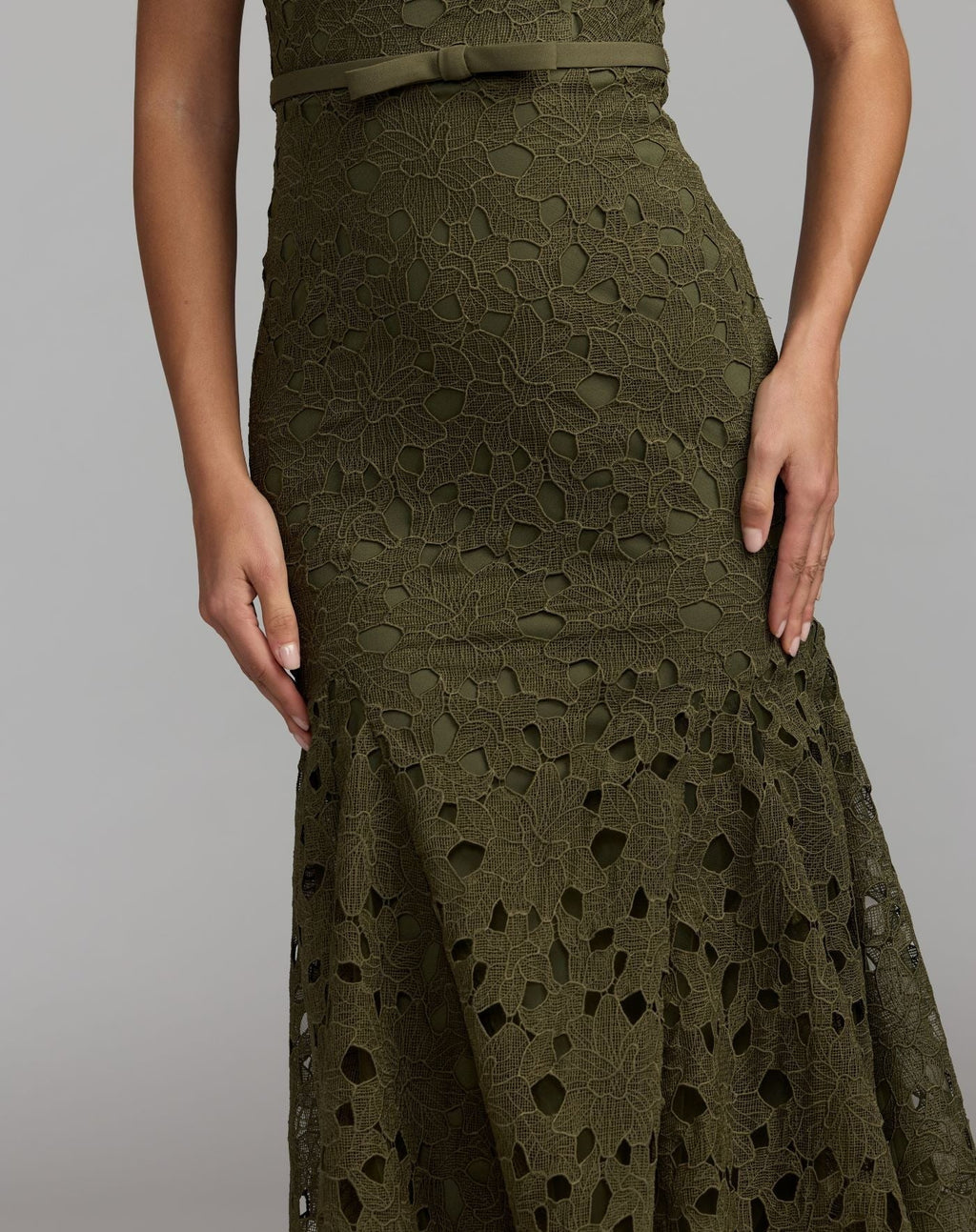 Olive Embellished Square Neck Lace Midi Dress