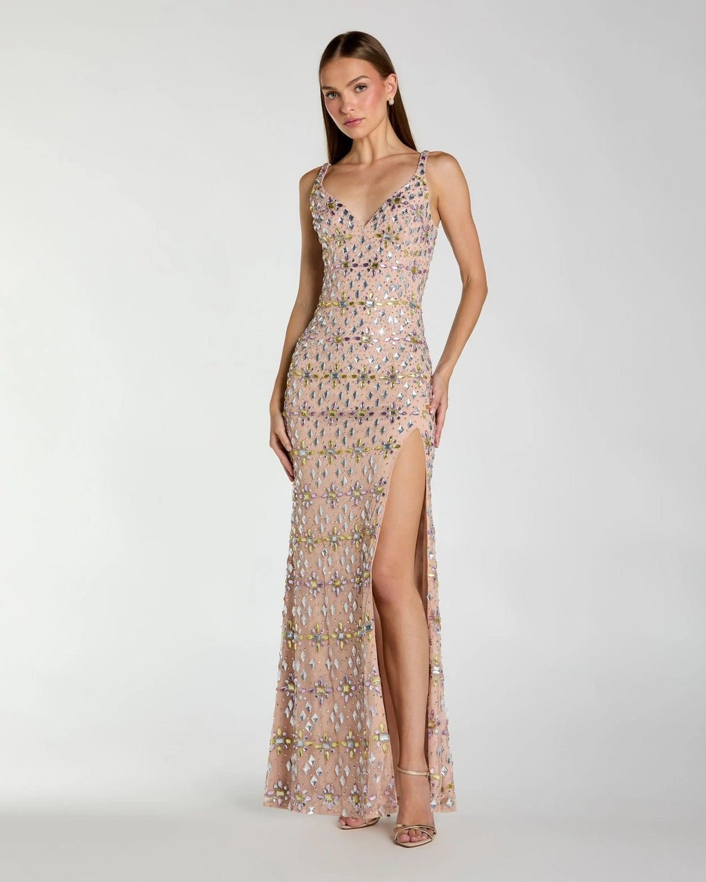 Light Rose Crystal Embellished Column Gown With Slit