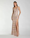 Light Rose Crystal Embellished Column Gown With Slit
