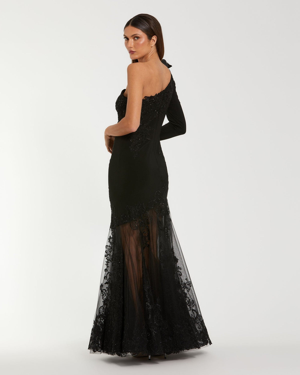 Black 3D Floral One Shoulder Mermaid Gown