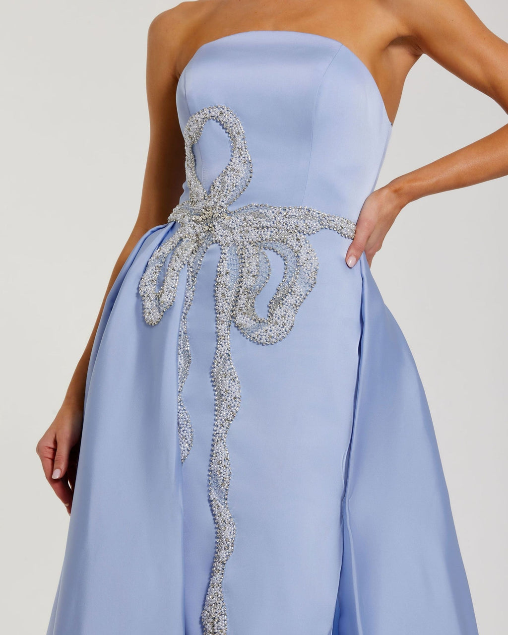 Powder Blue Strapless Embellished Satin Gown with Overskirt